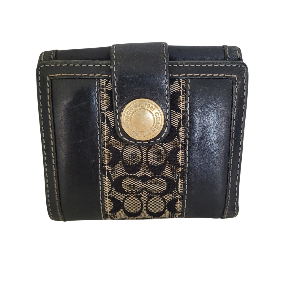 Coach Black Leather Signature Jacquard Trifold Wallet Gold Logo Button Small